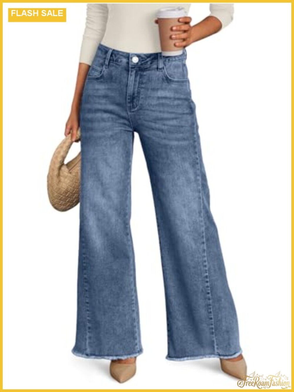 Wide Leg Jeans, Mid Rise Relaxed Loose Raw Hem Pants